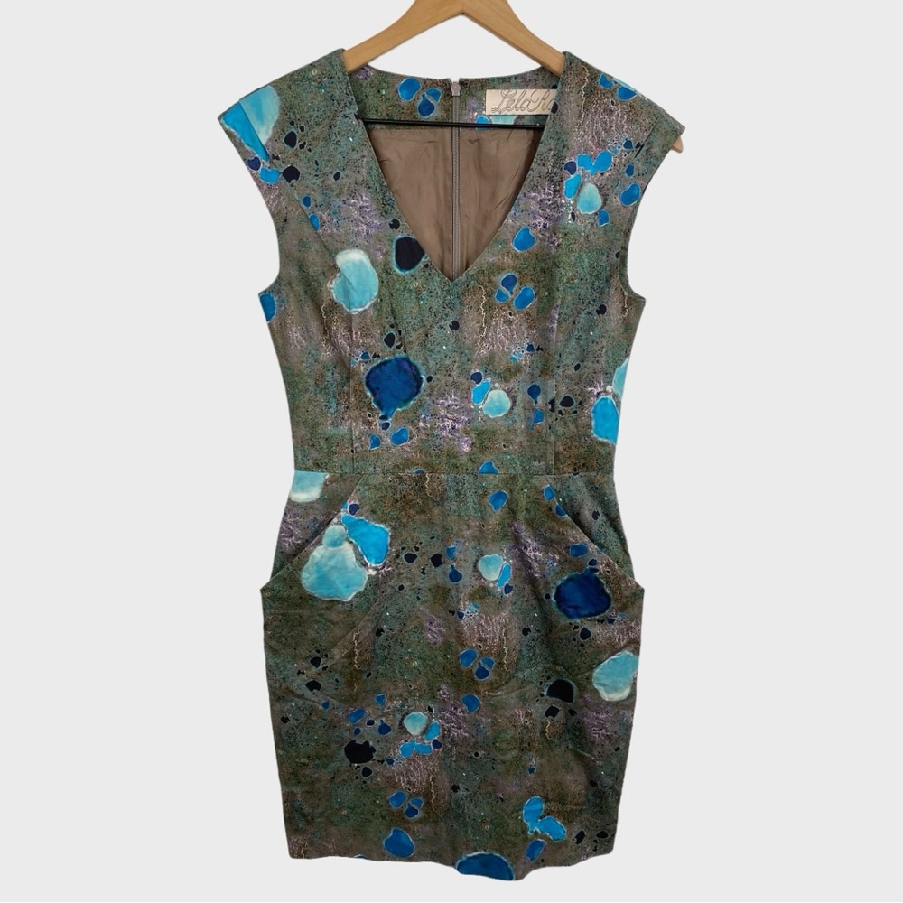 Lela Rose Green Blue Multicolor Pebbled Lagoon Print V-neck Dress with Pockets